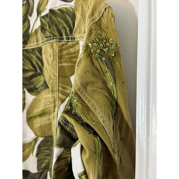 Chicos Design Tropical Leaf Button Down Jacket Blazer Size 2 Details Green Olive - Picture 7 of 9